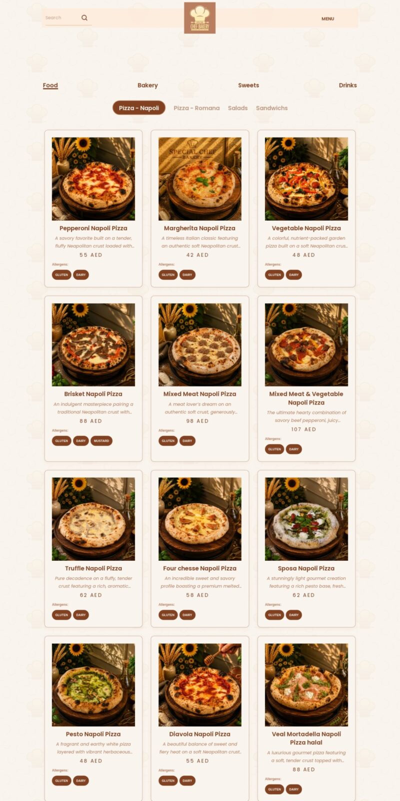 Special Chef Bakery Digital Menu website screenshot