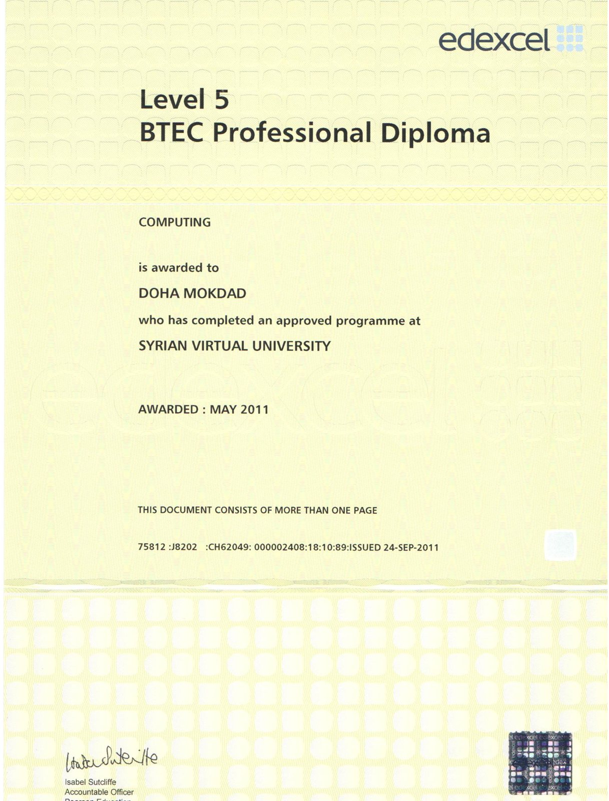 Level 5 BTEC Professional Diploma in Computing – Edexcel, through the Syrian Virtual University