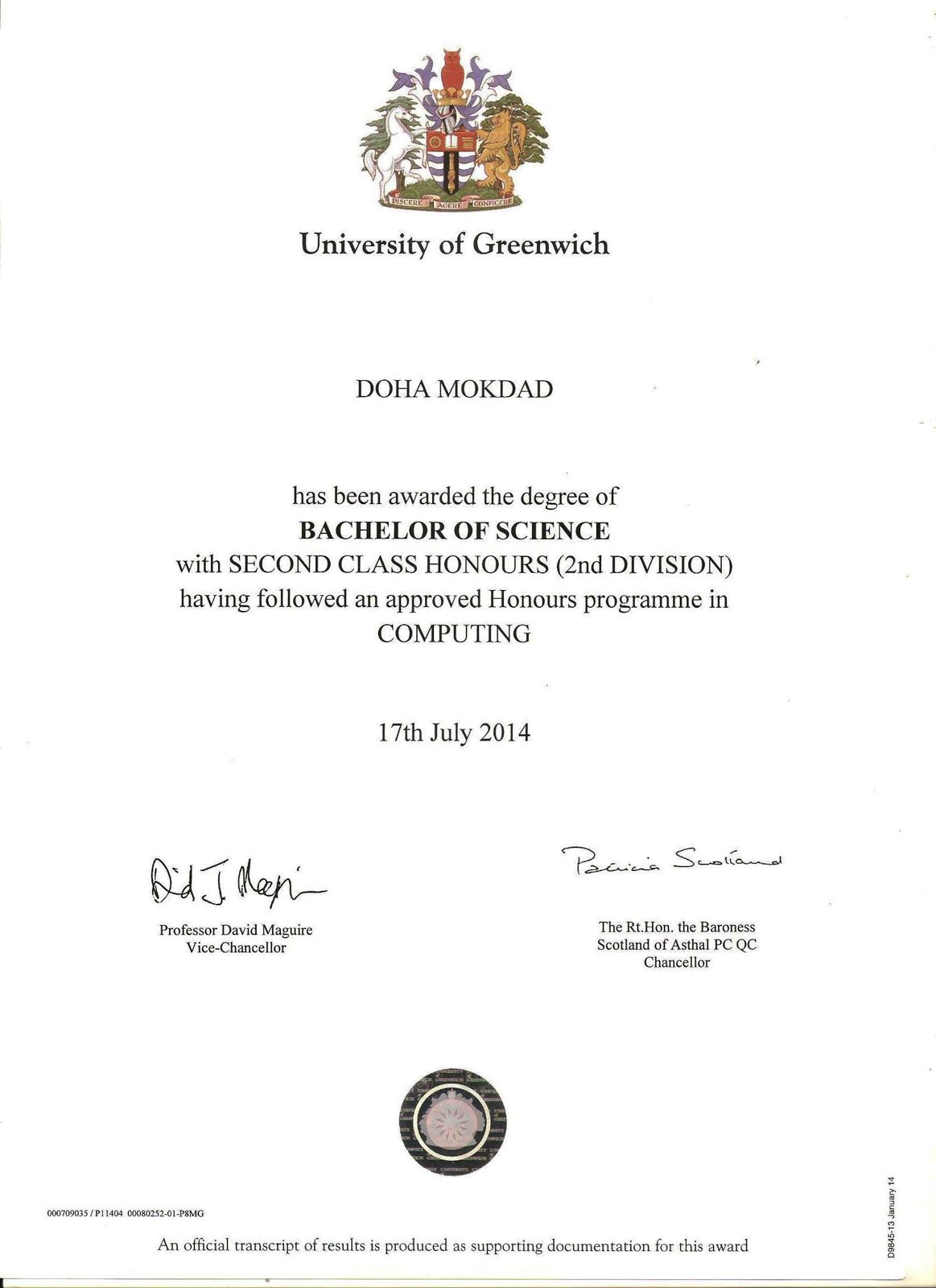 BSc (Hons) Computing, Second Class Honours – University of Greenwich