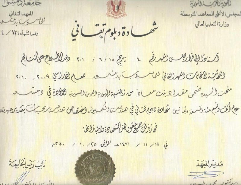 Technical Diploma in Computer Engineering, Software Engineering – Technical Institute of Computer, Damascus University